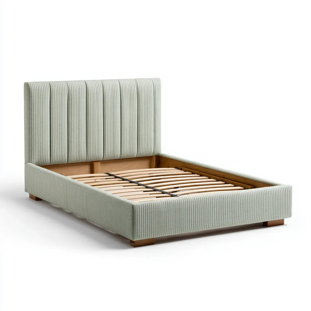 Letto contenitore matrimoniale verde salvia 160 x 200 cm in poliestere a righe con testiera imbottita rettangolare