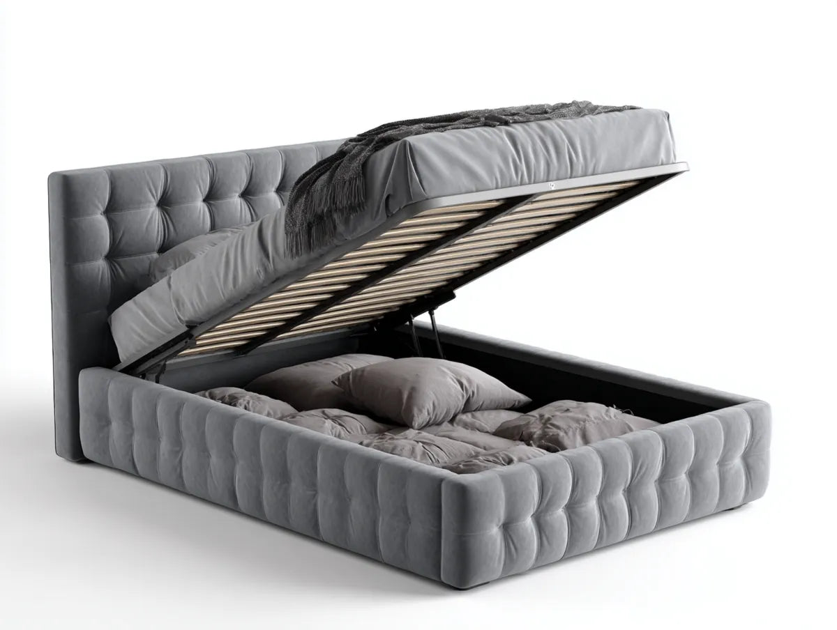 Letto contenitore matrimoniale grigio 160 x 200 cm in velluto di poliestere con testiera capitonné