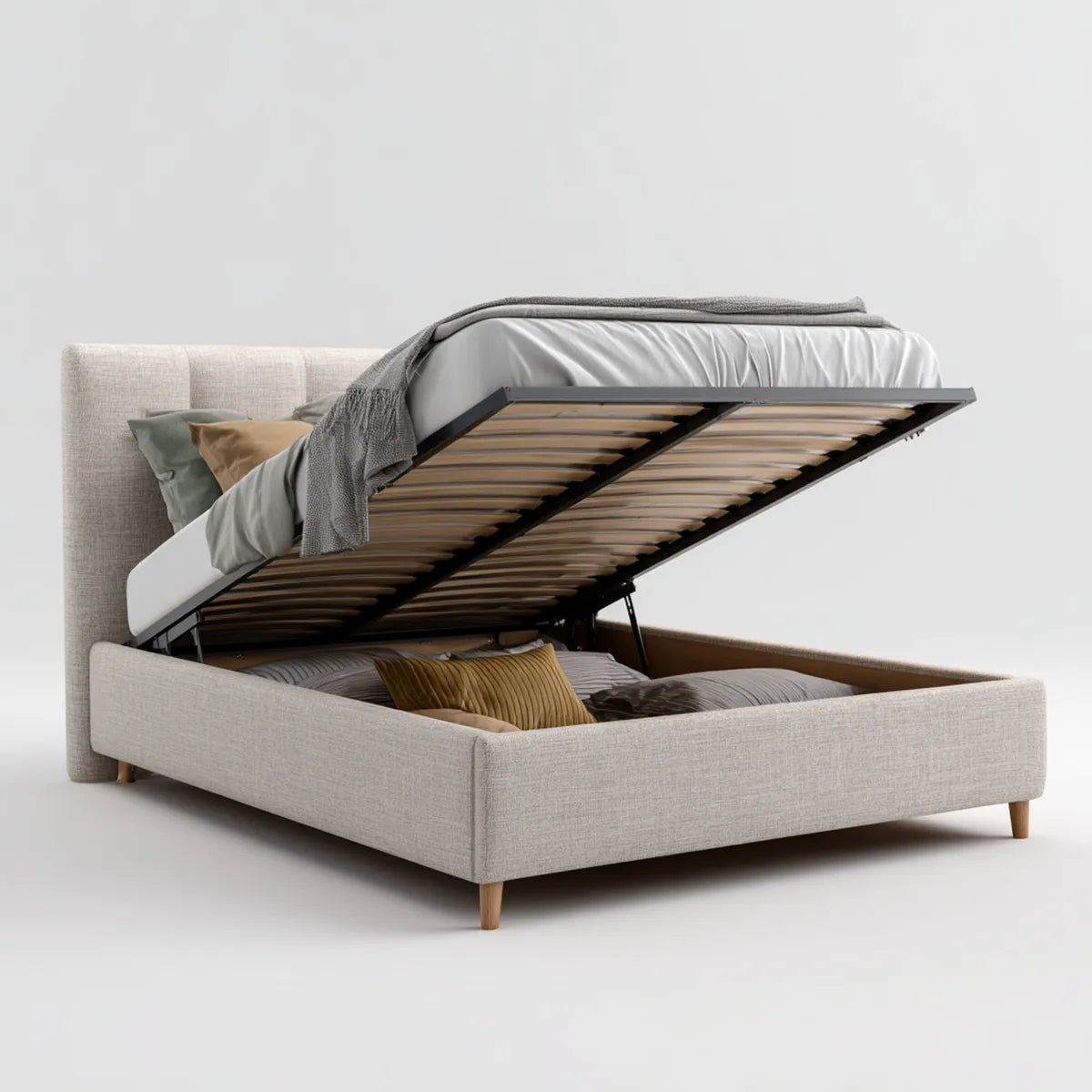 Letto contenitore matrimoniale beige 160 x 200 cm in poliestere con rete a doghe e testiera rettangolare