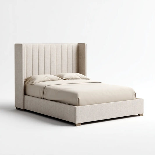 Letto matrimoniale imbottito beige 160 x 200 cm in poliestere con testiera rettangolare
