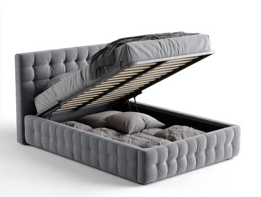 Letto contenitore matrimoniale grigio 160 x 200 cm in velluto di poliestere con testiera capitonné