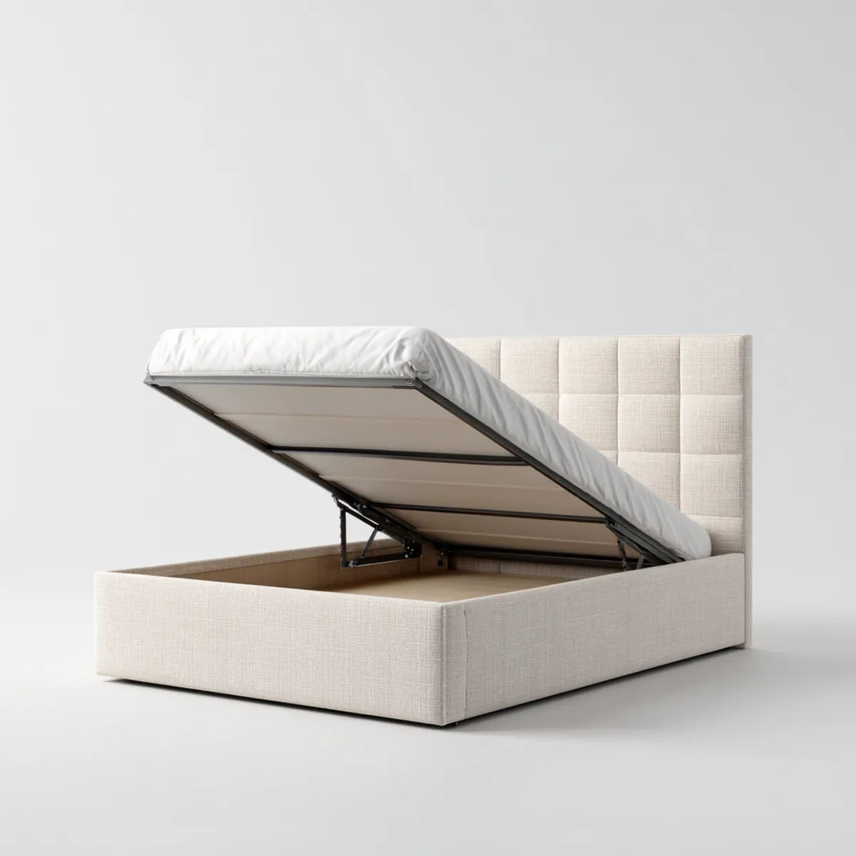 Letto contenitore matrimoniale beige 160 x 200 cm in poliestere con testiera rettangolare imbottita