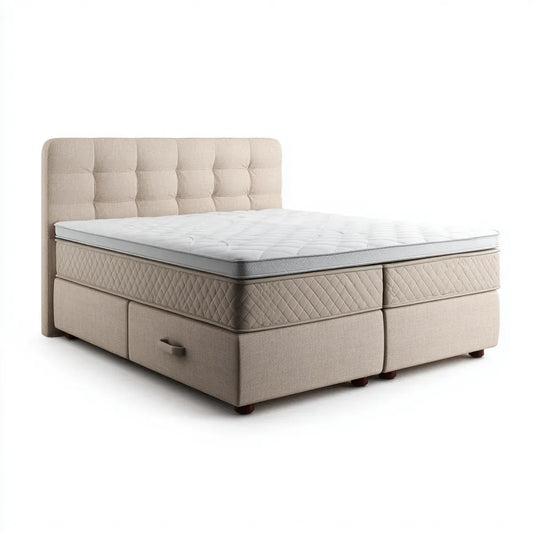 Letto contenitore matrimoniale beige 160 x 200 cm con materasso e testiera imbottita in poliestere rettangolare