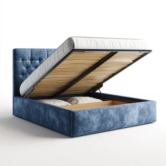 Letto contenitore matrimoniale blu in velluto di poliestere 160 x 200 cm con testiera imbottita rettangolare