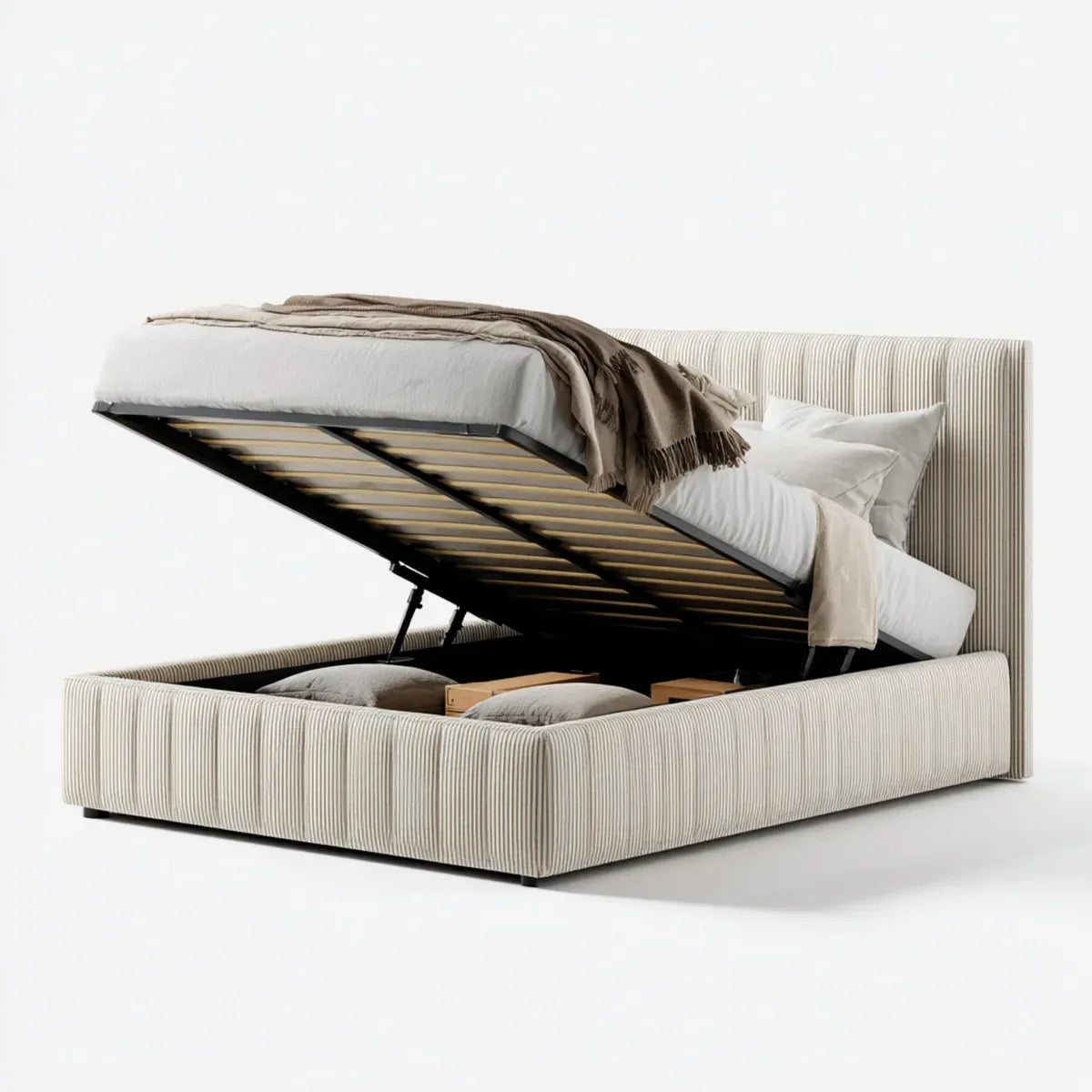 Letto contenitore matrimoniale beige a righe 160 x 200 cm in poliestere con testiera rettangolare
