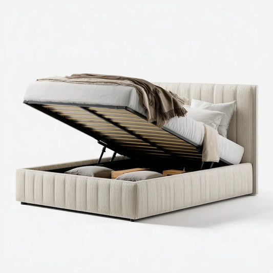 Letto contenitore matrimoniale beige a righe 160 x 200 cm in poliestere con testiera rettangolare