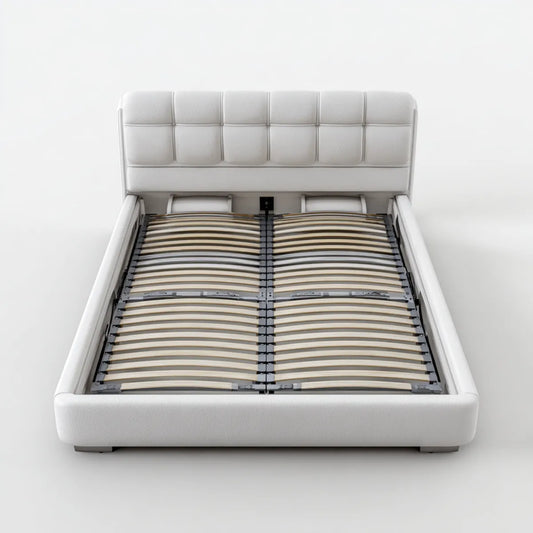 Letto contenitore matrimoniale bianco 160 x 200 cm in pelle sintetica PU con testiera rettangolare imbottita