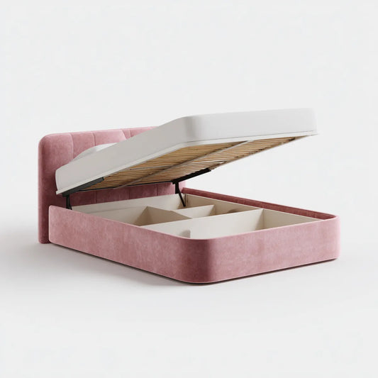 Letto contenitore matrimoniale rosa 160 x 200 cm in velluto di poliestere con rete a doghe